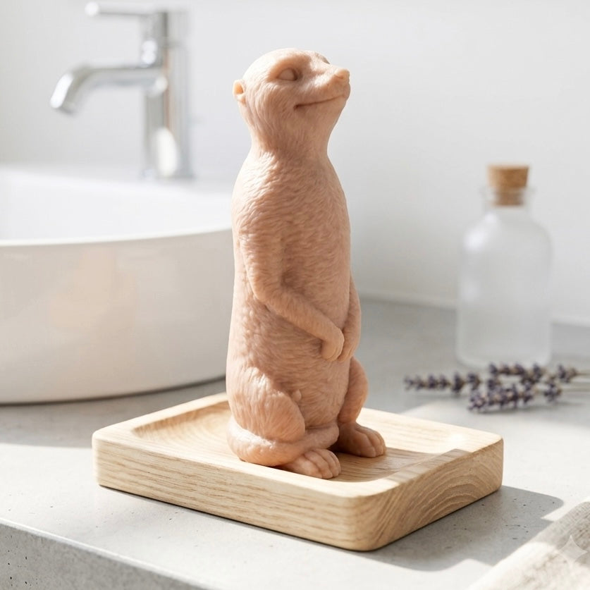 A highly detailed handmade vegan soap, sculpted in the shape of a realistic meerkat standing upright in its iconic sentinel pose, featuring textured fur and a curious facial expression, displayed on a light wooden surface.