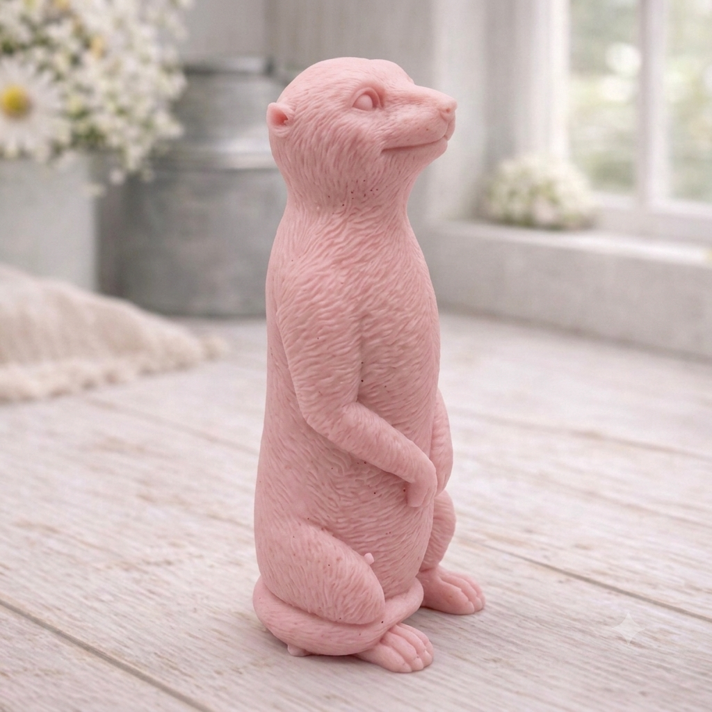 A highly detailed handmade vegan soap, sculpted in the shape of a realistic meerkat standing upright in its iconic sentinel pose, featuring textured fur and a curious facial expression, displayed on a light wooden surface.