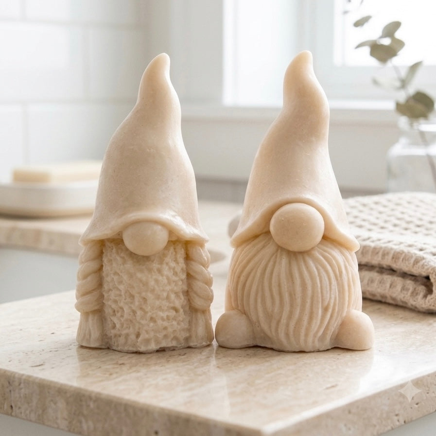 A pair of handmade vegan soaps, featuring a Mr and Mrs Gnome (gonk) set; one with a full textured beard and the other with thick braided plaits, both wearing tall, pointed hats. Gift boxed.