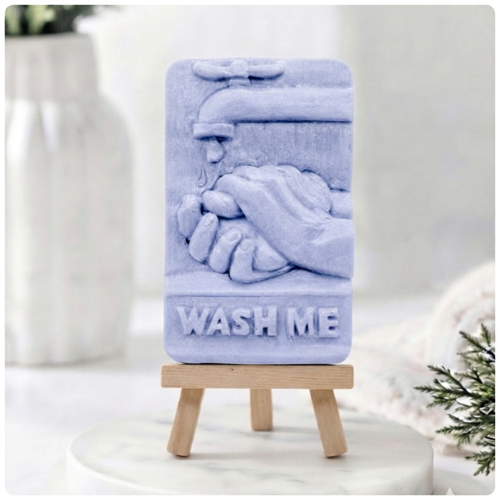 handmade vegan soap featuring a relief sculpture of hands being washed under a dripping tap with the words "WASH ME" at the base, displayed on a small wooden easel in a bright farmhouse decor kitchen setting.