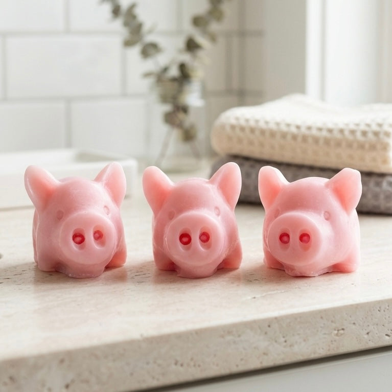 A set of three handmade vegan soaps sculpted into cute pigs with round snouts and floppy ears