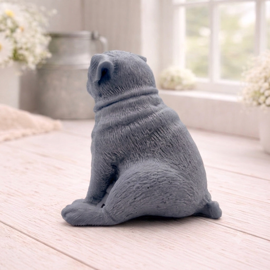A detailed handmade vegan soap sculpted in the shape of a sitting pug dog with characteristic facial wrinkles and a tilted head, in a natural tone, displayed on a light wooden surface.