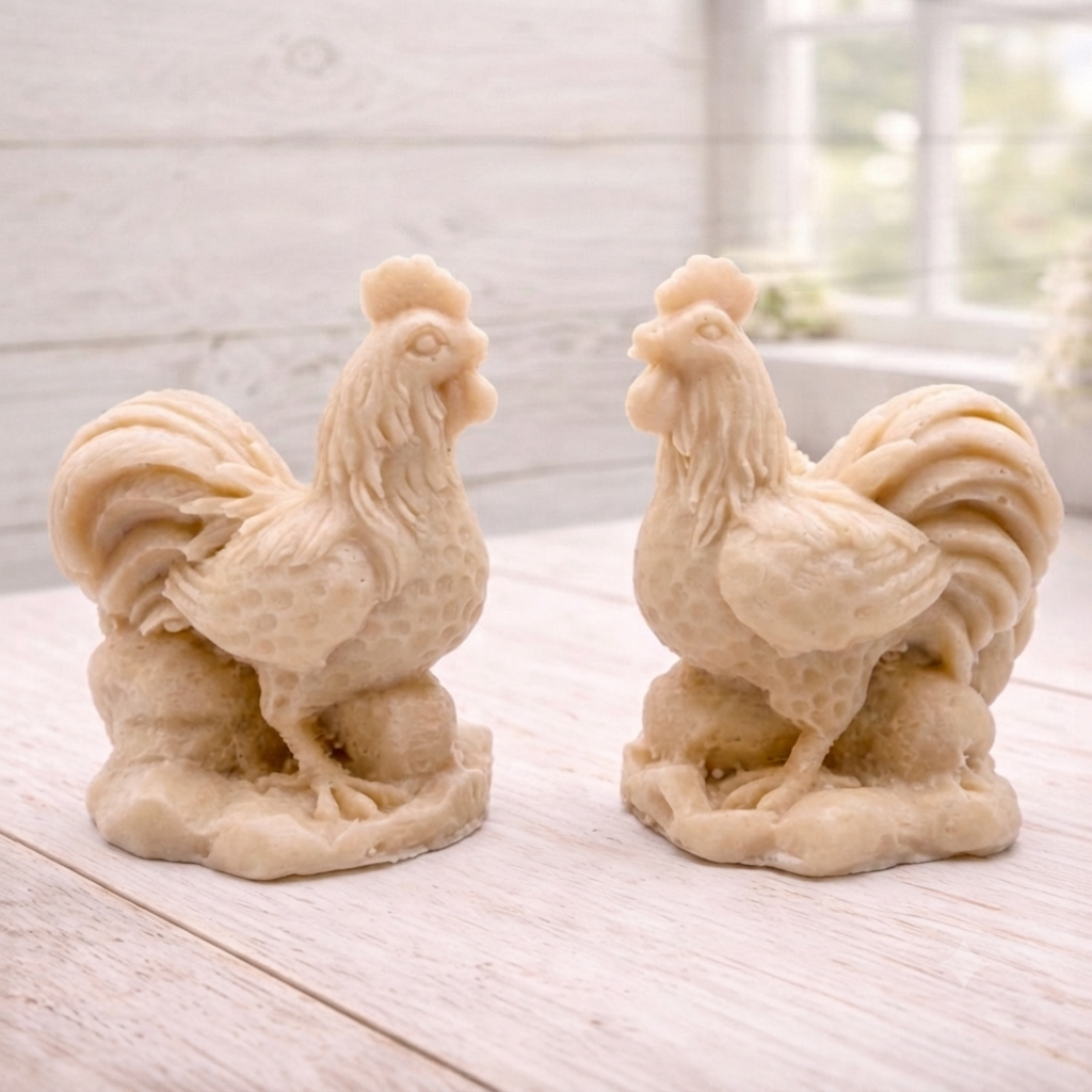 Two handmade vegan soaps sculpted in the shape of proud roosters (cockerels) with detailed feathers, combs, and curved tail feathers, standing on a rustic base, in a natural colour. Gift boxed 