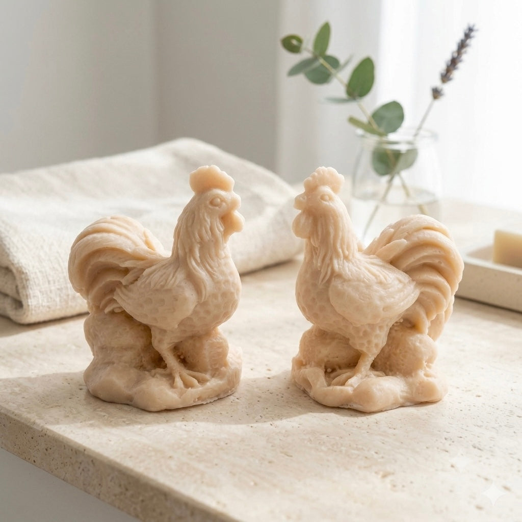 Two handmade vegan soaps sculpted in the shape of proud roosters (cockerels) with detailed feathers, combs, and curved tail feathers, standing on a rustic base, in a natural colour. Gift boxed 