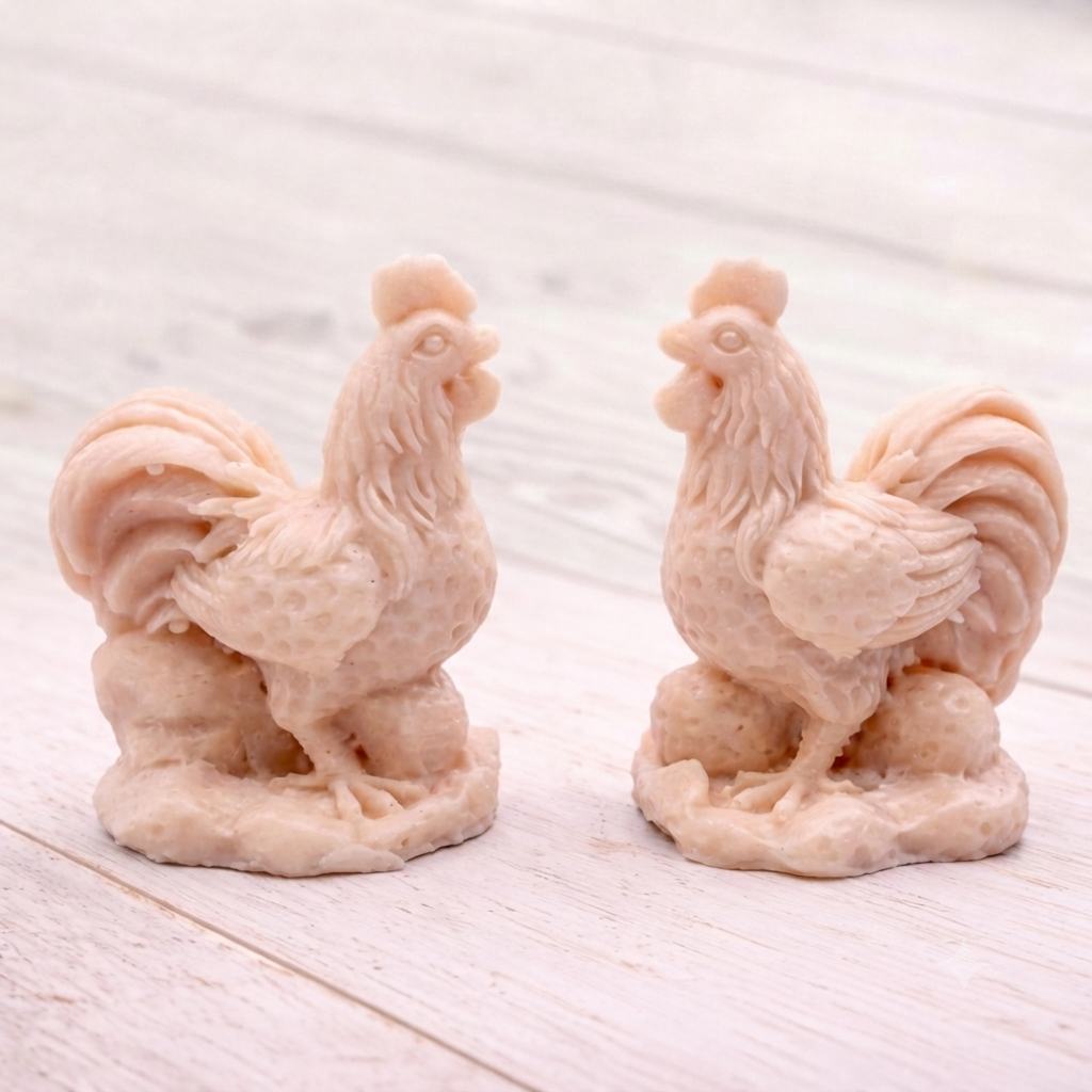 Two handmade vegan soaps sculpted in the shape of proud roosters (cockerels) with detailed feathers, combs, and curved tail feathers, standing on a rustic base, in a natural colour. Gift boxed 