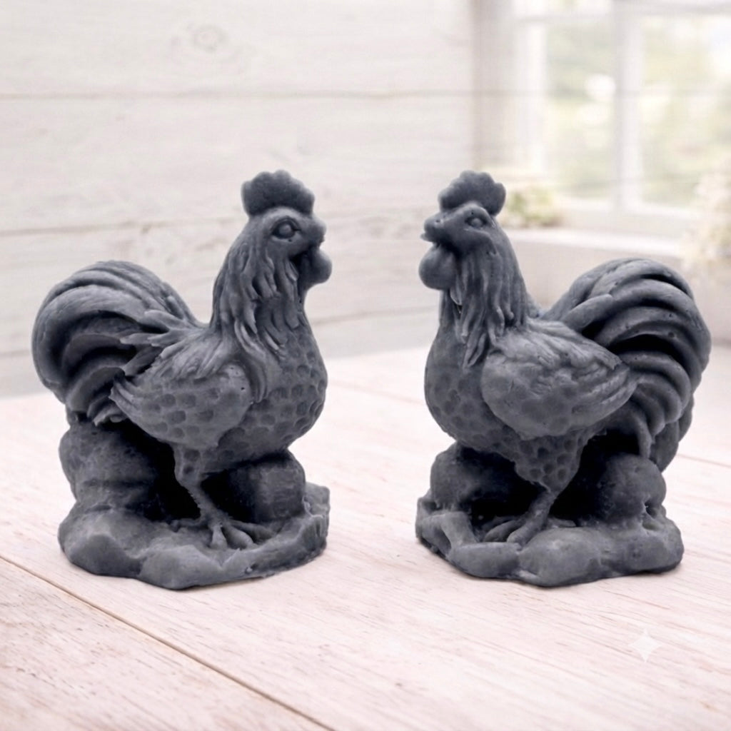 Two handmade vegan soaps sculpted in the shape of proud roosters (cockerels) with detailed feathers, combs, and curved tail feathers, standing on a rustic base, in a natural colour. Gift boxed 