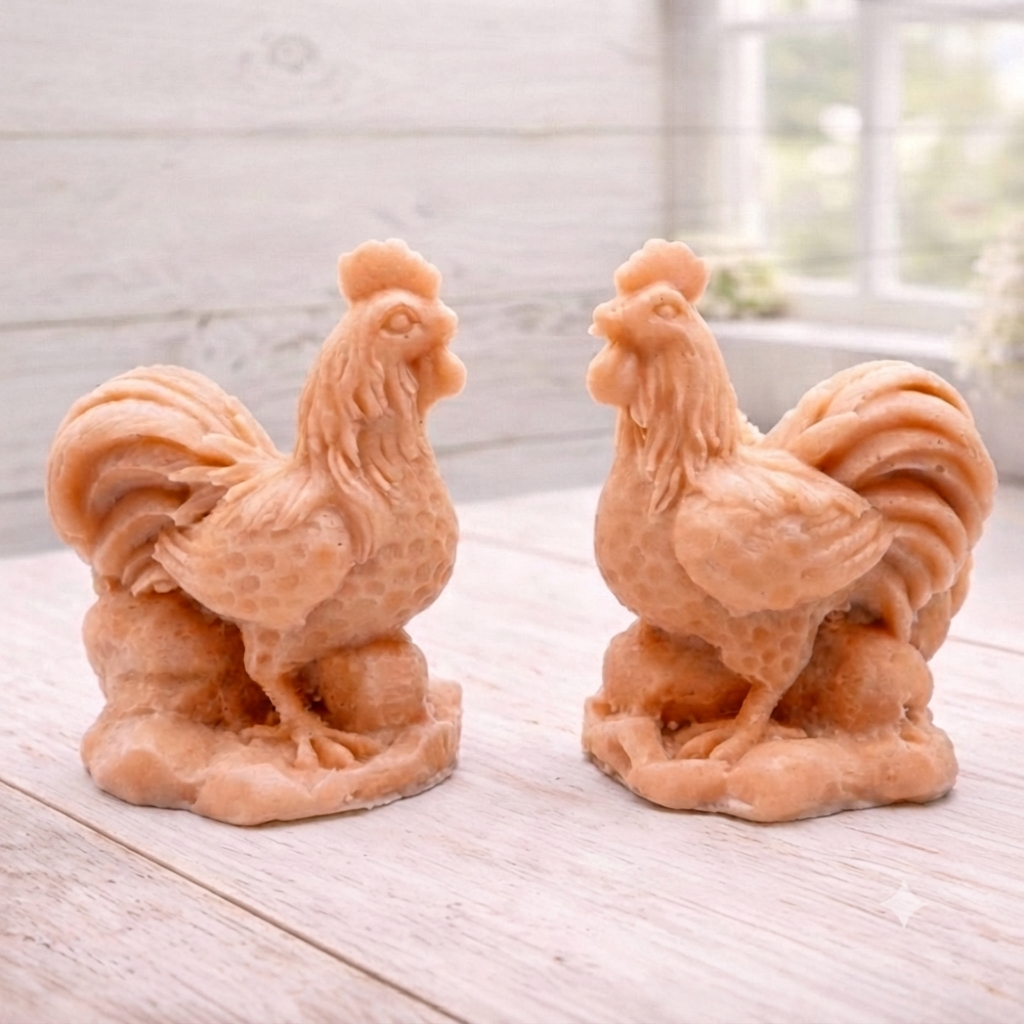 Two handmade vegan soaps sculpted in the shape of proud roosters (cockerels) with detailed feathers, combs, and curved tail feathers, standing on a rustic base, in a natural colour. Gift boxed 