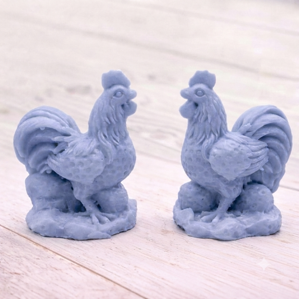 Two handmade vegan soaps sculpted in the shape of proud roosters (cockerels) with detailed feathers, combs, and curved tail feathers, standing on a rustic base, in a natural colour. Gift boxed 