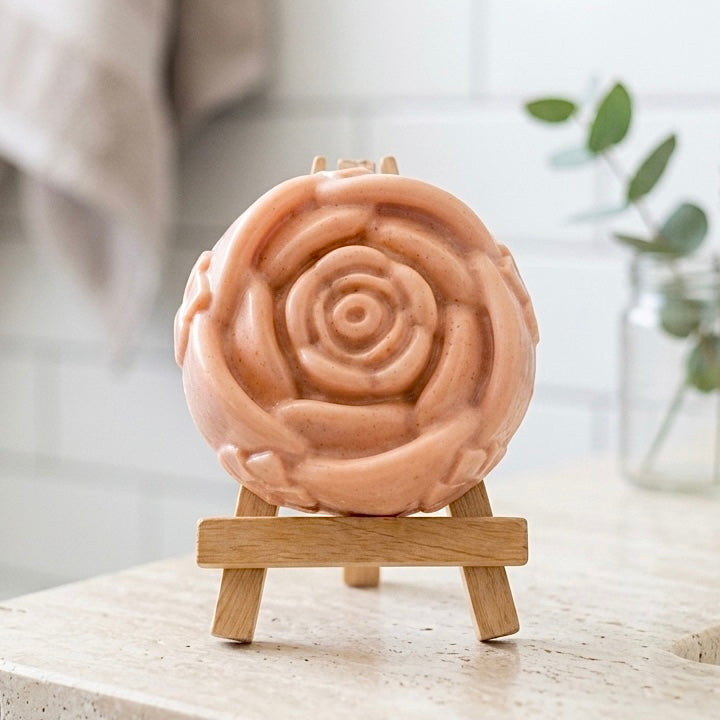 A handmade vegan soap, intricately sculpted in the shape of a large, blooming rose flower with layered petals