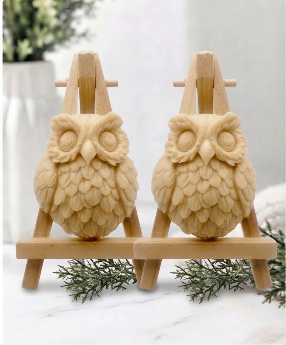 Two owl-shaped handmade soaps in soft yellow tone, displayed side by side on small wooden easel stands on a white marble surface.