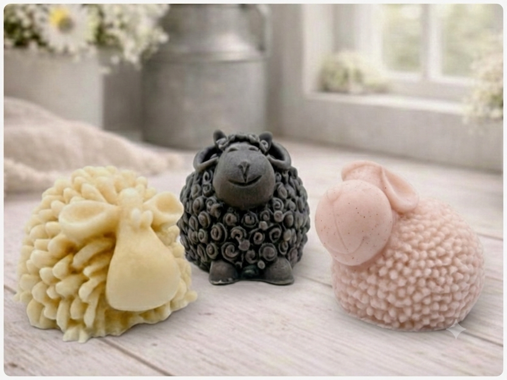 A set of three handmade vegan soaps in different sheep styles, including a dark grey smiling sheep and two lambs with detailed woolly textures, displayed on a rustic wooden surface with lavender and flowers.