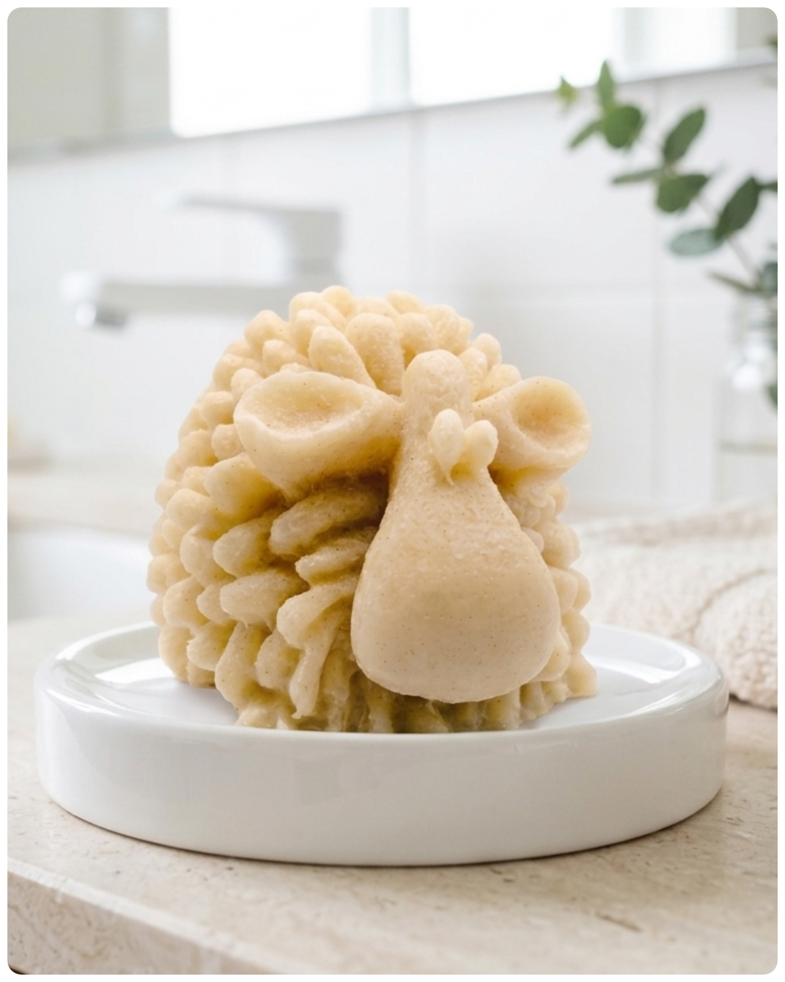 A highly detailed handmade vegan soap sculpted in the shape of a fluffy sheep with thick, textured wool and a smooth face, displayed on a light wooden surface in a farmhouse-style setting.