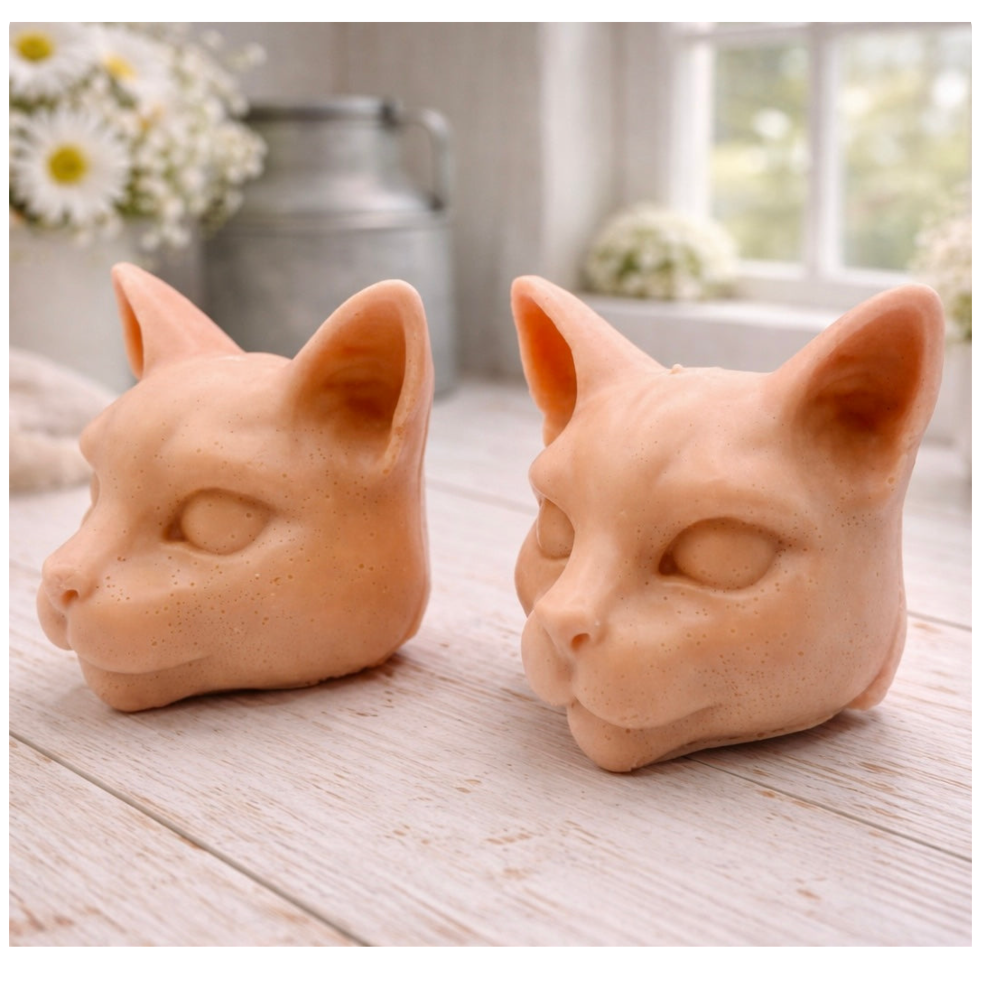 two handmade vegan soaps in the shape of Siamese cat heads, featuring elegant pointed ears and sleek facial features, displayed on a neutral cloth in a bright farmhouse decor setting.