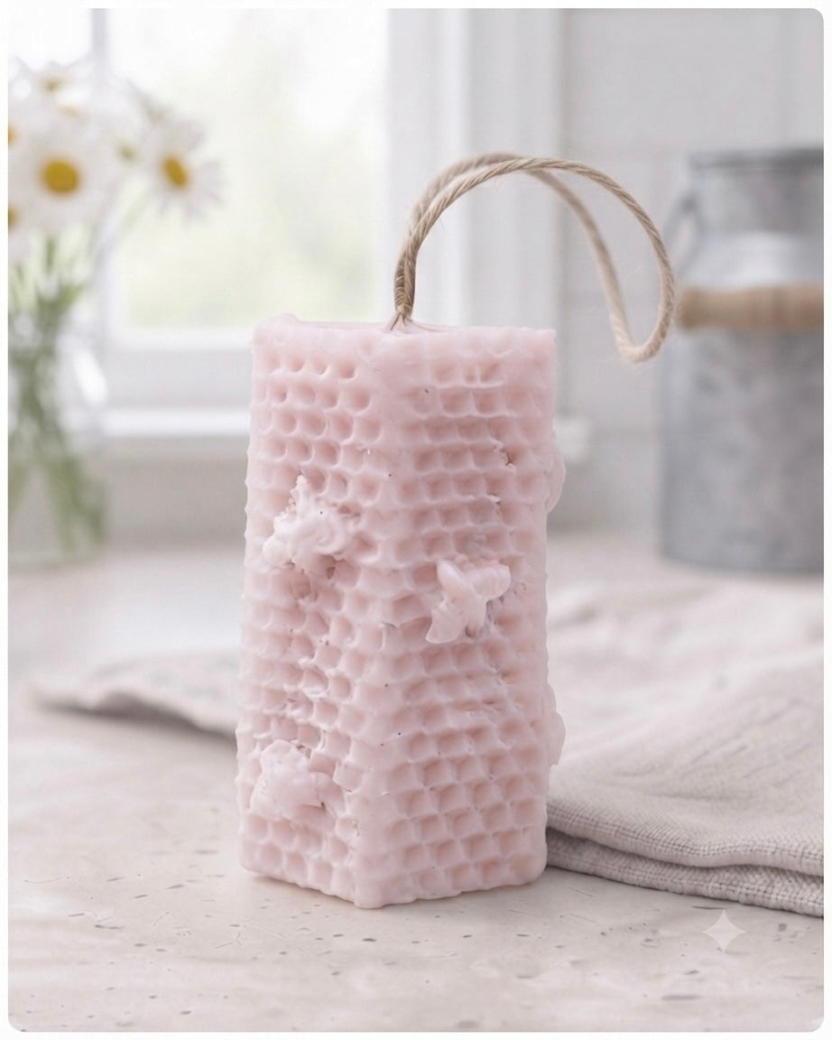 A tall, rectangular handmade vegan soap with a detailed honeycomb texture on all sides and small embossed bees, featuring a natural twine hanging rope, displayed upright on a light wooden surface.