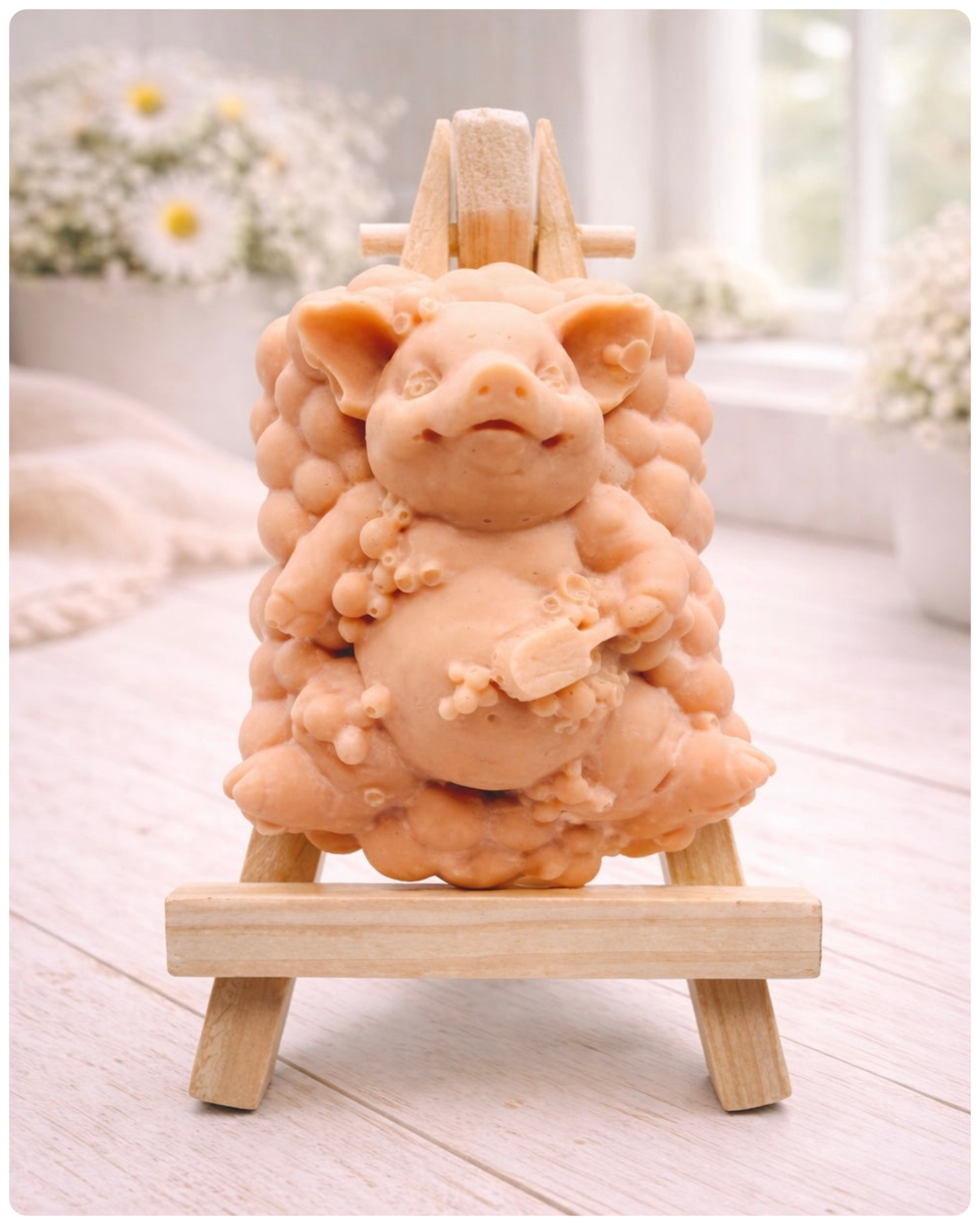 A detailed handmade vegan soap, sculpted as a cheerful pig sitting in a mound of bubbles and holding a scrubbing brush, displayed on a miniature wooden easel against a soft farmhouse window background 
