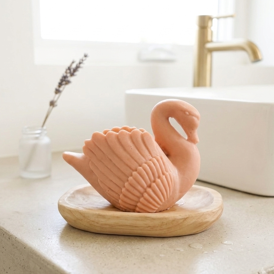 handmade vegan soap, sculpted into the shape of a graceful swan with detailed feathering on its wings and a curved neck. 
