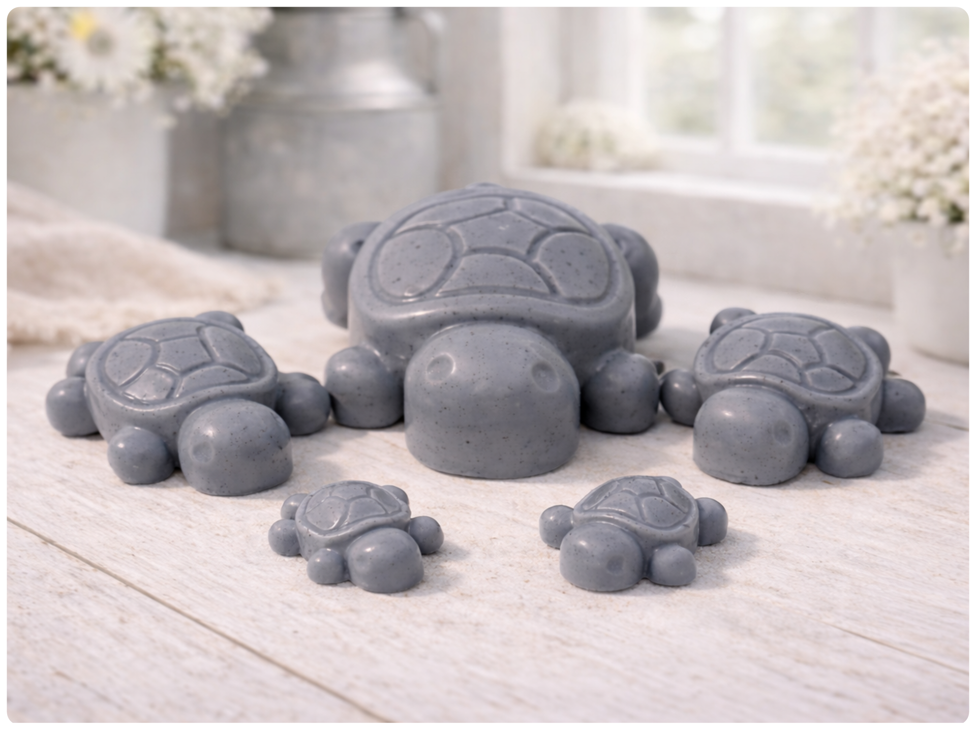 Handmade vegan soaps featuring a set of 5 turtle family soaps and gift boxed in beautiful eco friendly packaging
