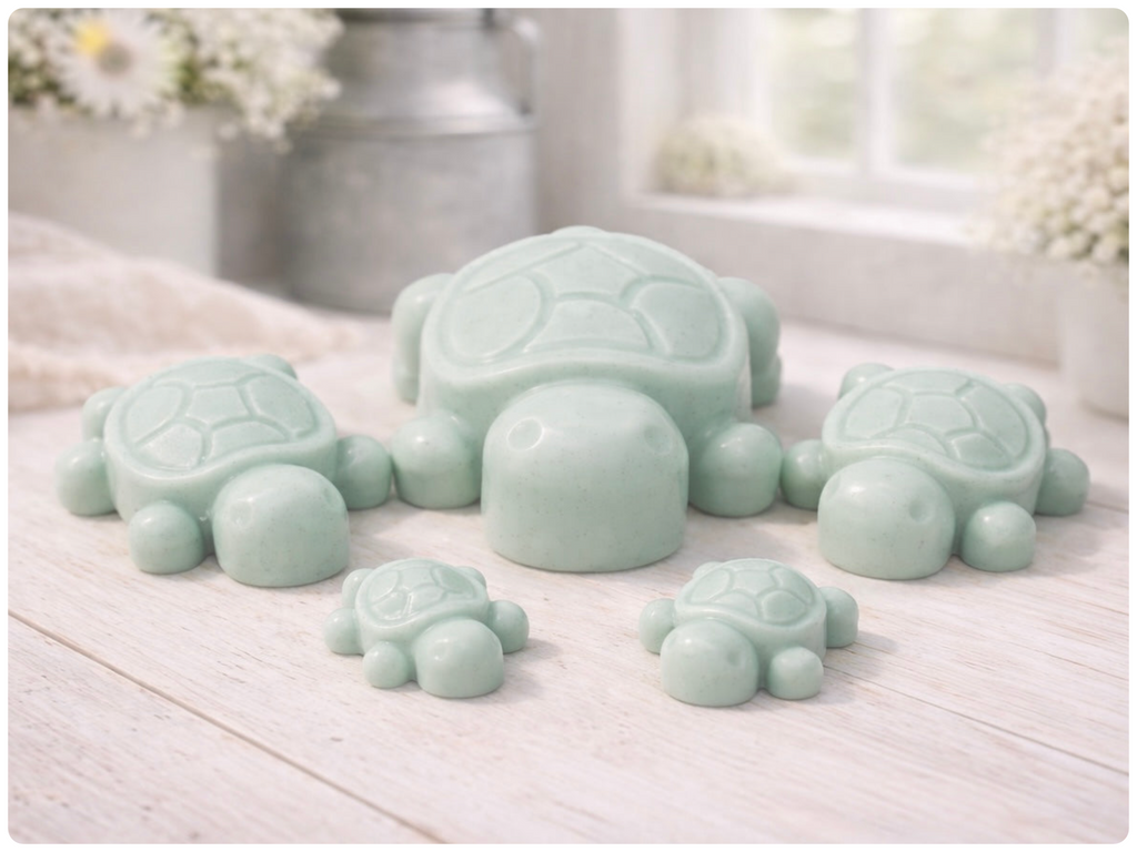 Handmade vegan soaps featuring a set of 5 turtle family soaps and gift boxed in beautiful eco friendly packaging