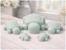 Load image into Gallery viewer, Handmade vegan soaps featuring a set of 5 turtle family soaps and gift boxed in beautiful eco friendly packaging
