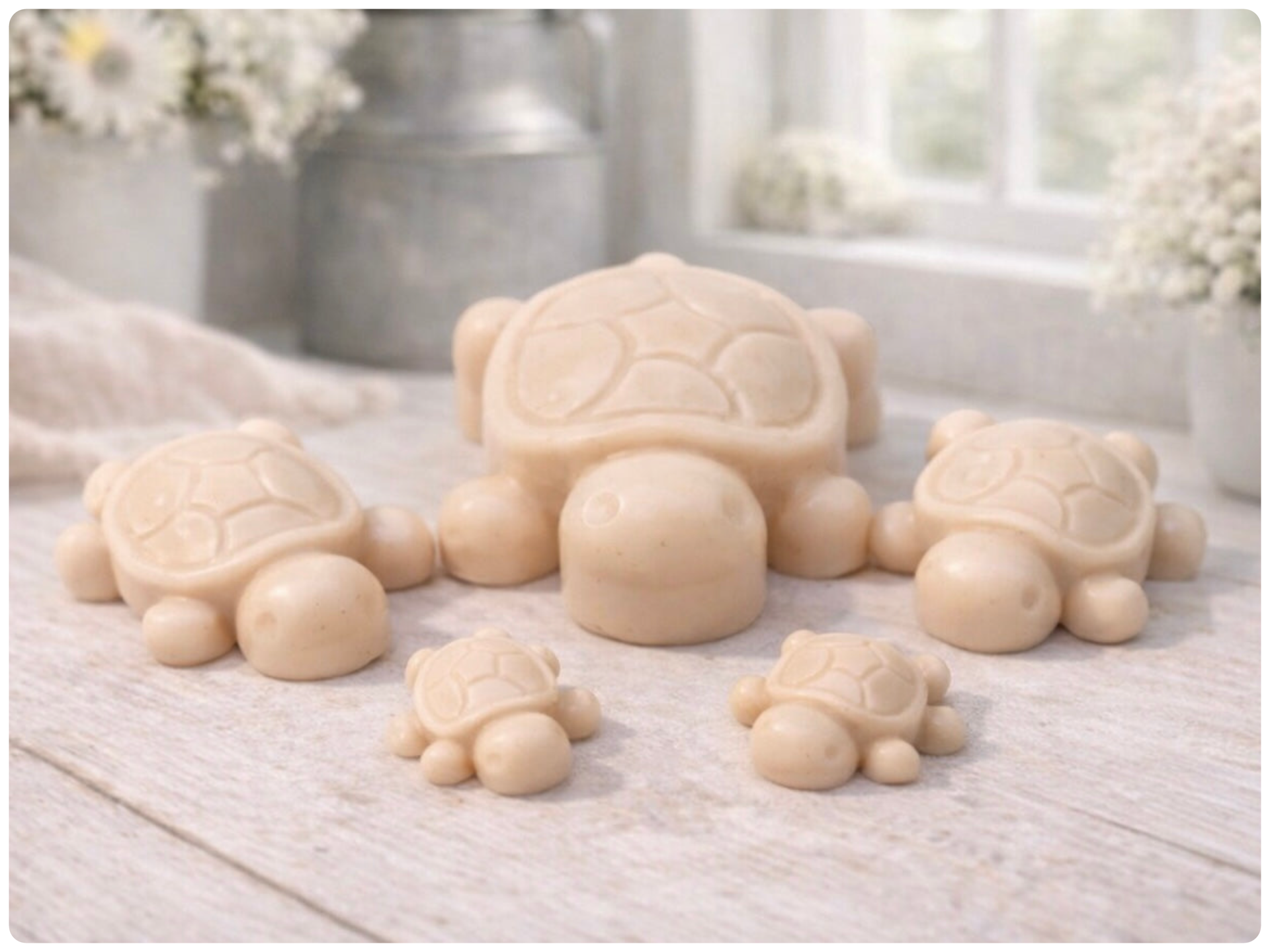 Handmade vegan soaps featuring a set of 5 turtle family soaps and gift boxed in beautiful eco friendly packaging