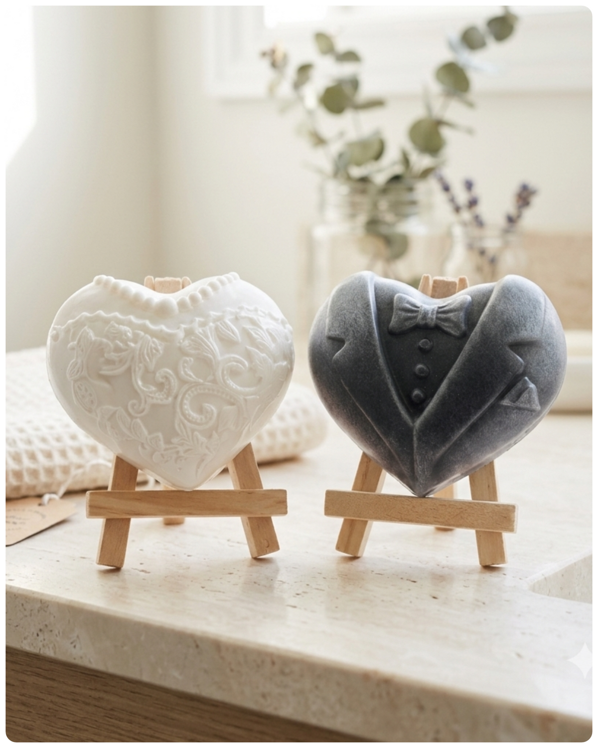 A pair of heart-shaped wedding soaps shaped like a bride's white lace dress and a groom's grey tuxedo, displayed on small wooden easels. Gift boxed ready to give. 