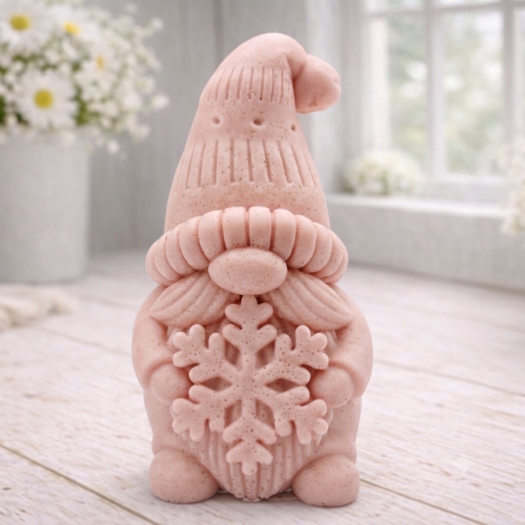 handmade vegan soap in the shape of a winter gnome sculpture holding a large snowflake, featuring a tall textured hat and a bushy moustache , displayed on a rustic white wooden surface with daisies and a milk churn in the background.