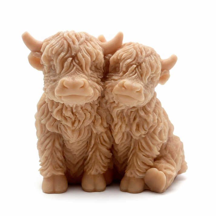 Handmade soap featuring two Highland cows with textured, shaggy fur sitting side by side on a light wooden surface with a softly indoor background.
