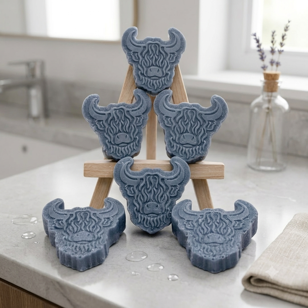 A collection of six handmade vegan soaps each intricately sculpted into the head of a shaggy Highland cow with long horns and a thick, textured coat, arranged in a pyramid on and around a small wooden easel.