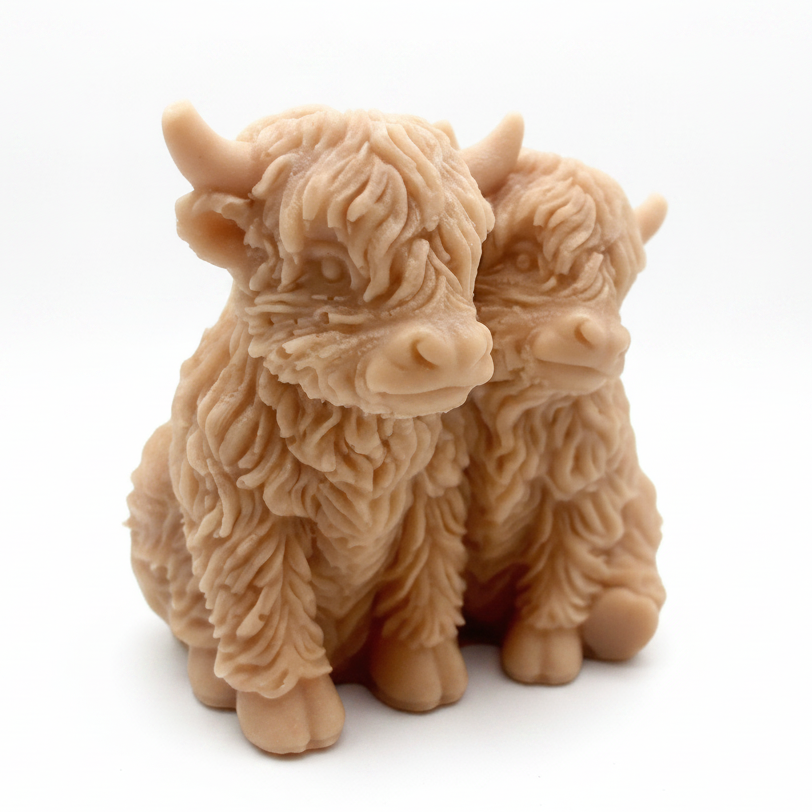 Handmade soap featuring two Highland cows with textured, shaggy fur sitting side by side on a light wooden surface with a softly indoor background.