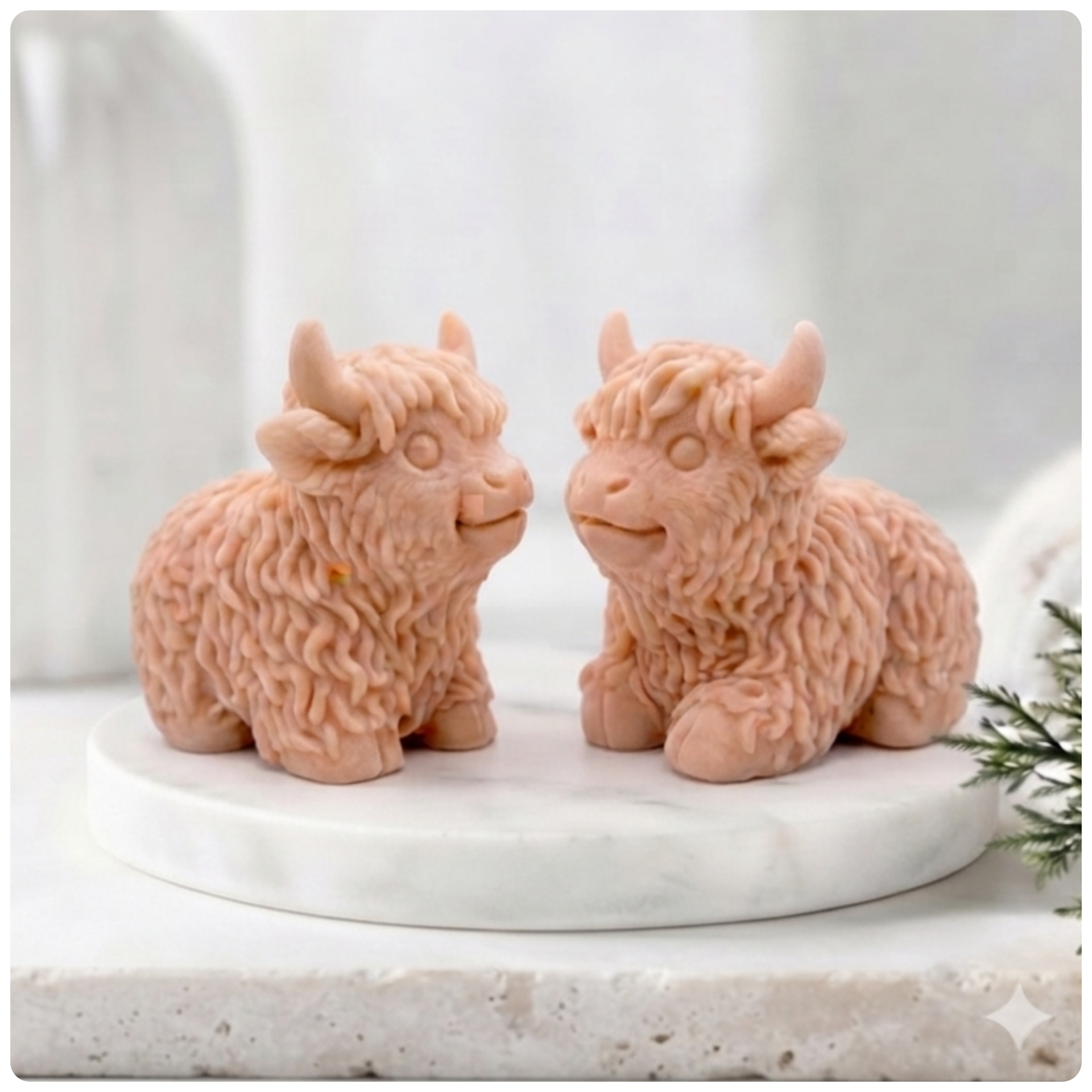 A highly detailed handmade vegan soap sculpted in the shape of a highland cow with long, flowing fur texture, a sweet face with a large snout, and prominent horns, displayed on a light wooden surface in a bright farmhouse setting.