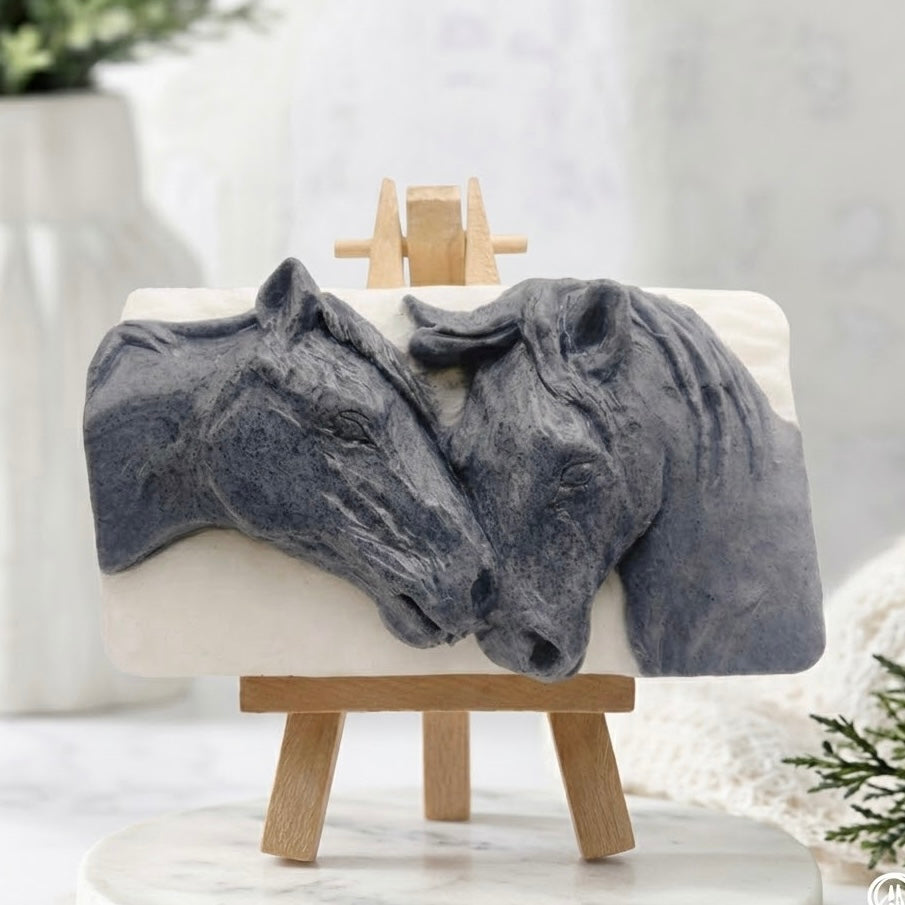 A two-tone charcoal and white vegan soap bar with a sculpted relief design of a mare and foal horses. Handmade cruelty-free bath product, detailed grey and white horse carving.