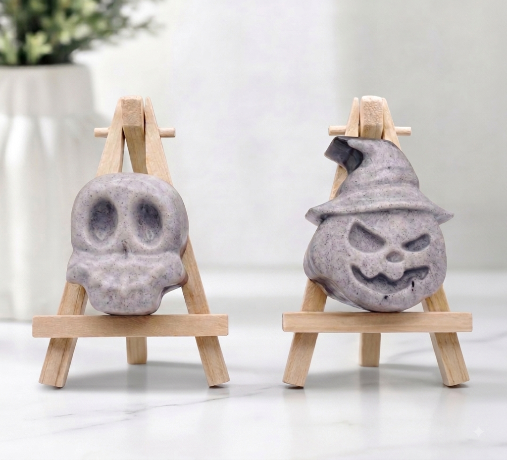 Two grey activated charcoal Halloween soaps—one shaped like a skull and one as a pumpkin wearing a witch's hat—displayed on mini wooden easels.
