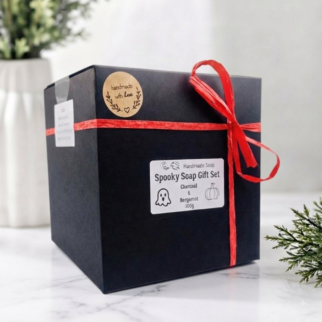 A black gift box for a 'Spooky Soap Gift Set' by Handmade Soap with Love, tied with a red ribbon and featuring a round gold seal, set on a marble surface with green foliage in the background.