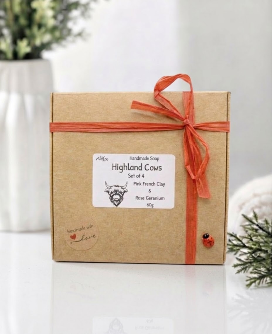 A square kraft paper gift box tied with an orange ribbon and bow, featuring a white label that reads 'Highland Cows Set of 6 Pink French Clay & Rose Geranium 60g'. The box is photographed on a white surface with a blurred indoor background and decorative plants.