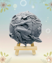 Load image into Gallery viewer, Witch flying on her broomstick with the moon behind her. Handmade vegan and cruelty free soap. 
