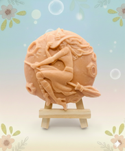 Load image into Gallery viewer, Witch flying on her broomstick with the moon behind her. Handmade vegan and cruelty free soap. 
