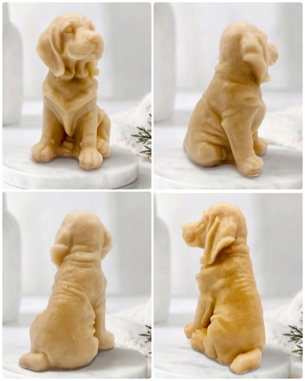 A four-panel collage showing a golden retriever dog soap from multiple angles on a white marble-like surface. The figurine appears to be a seated dog sculpture with soft, matte texture and no visible branding.