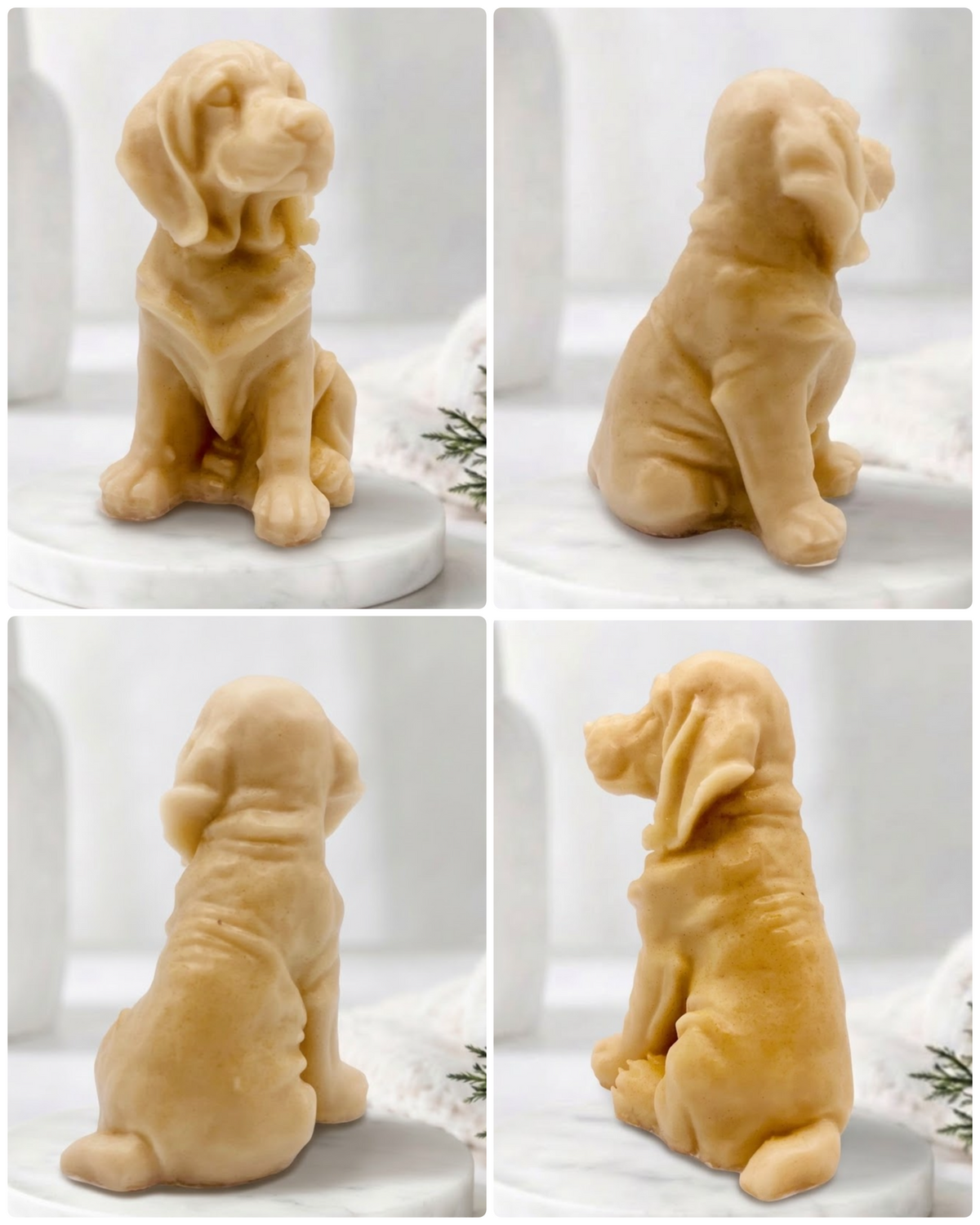 A four-panel collage showing a golden retriever dog soap from multiple angles on a white marble-like surface. The figurine appears to be a seated dog sculpture with soft, matte texture and no visible branding.