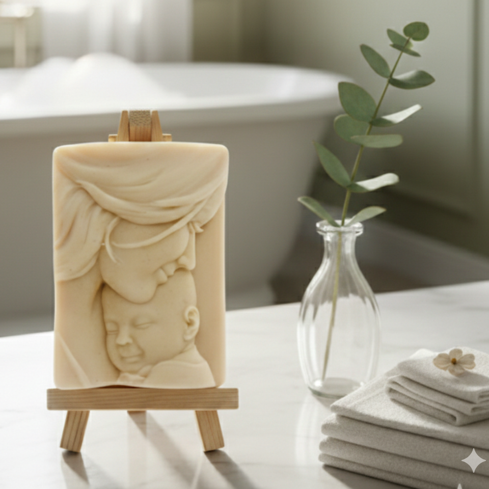 handmade vegan soap featuring a tender mother kissing her baby's forehead, displayed on a wooden easel against a whimsical farmhouse decor background.