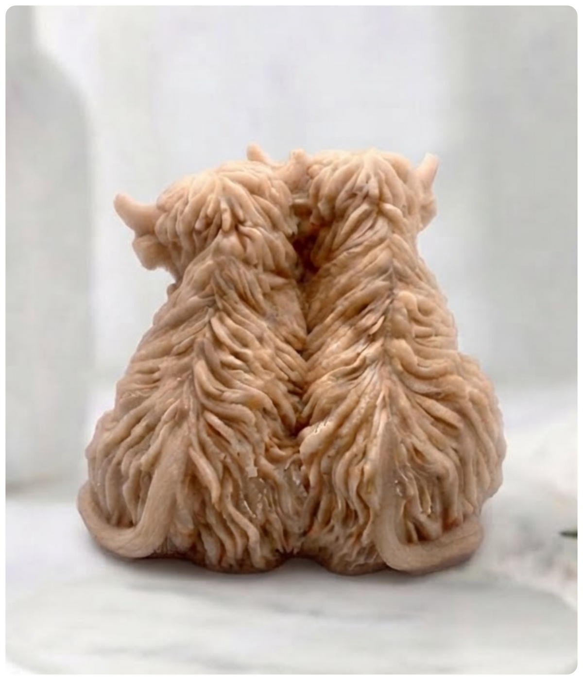A sculptural vegan soap of two facing each other Highland cows with long shaggy hair, shown from the back on a light marble surface.