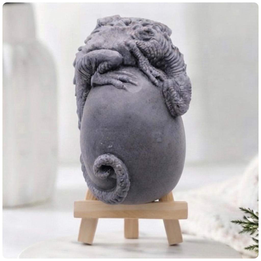 A gray vegan soap sculpture of a dragon curled over an egg, displayed on a small wooden easel stand against a soft, blurred white background.