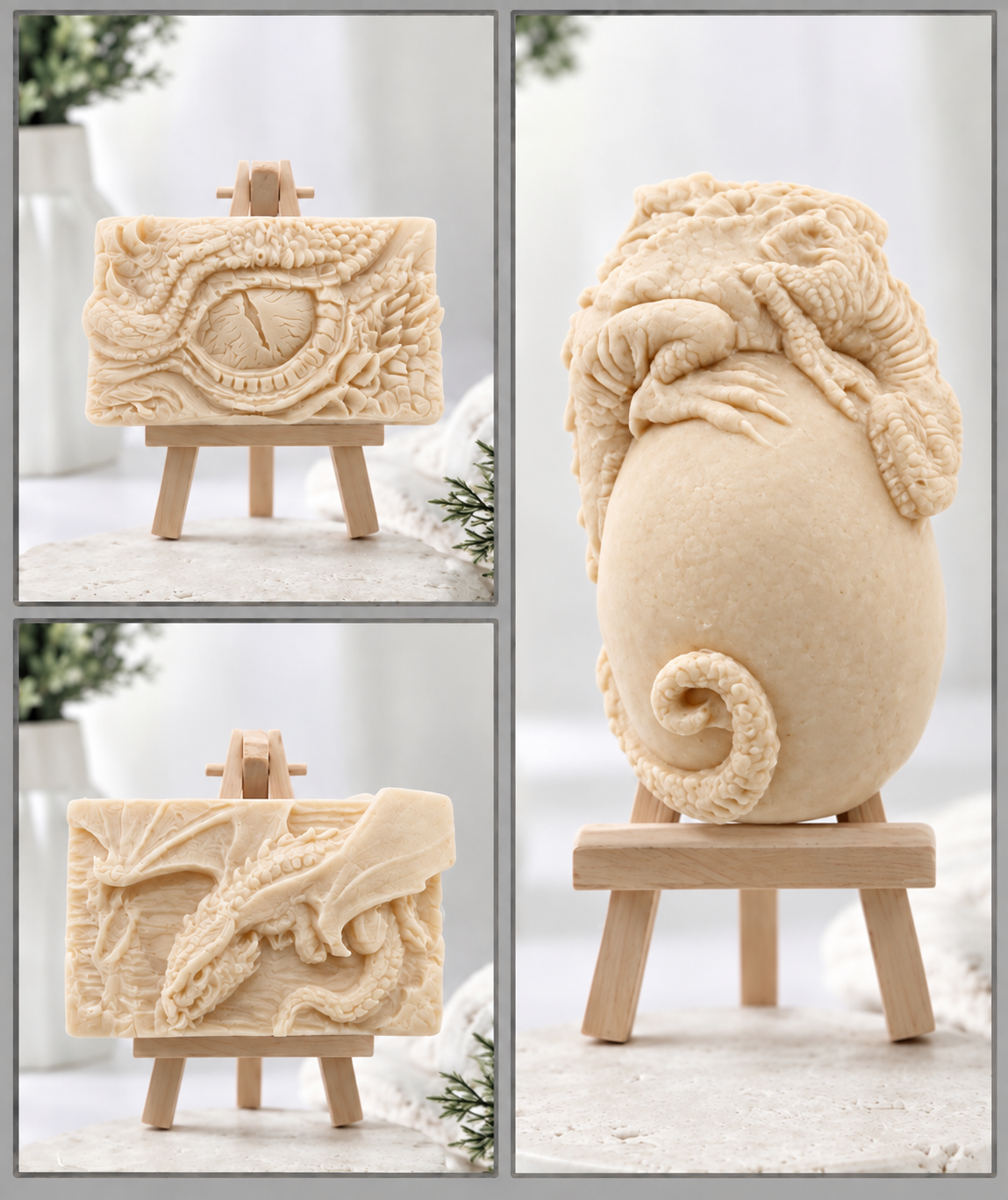 Three-panel product collage showing a three different design dragon vegan soaps in yellow French clay. 