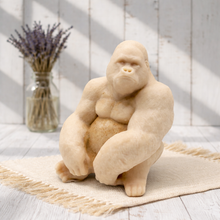 Load image into Gallery viewer, A highly detailed large handmade vegan soap in the shape of a realistic sitting gorilla, featuring textured fur details, perfect for wildlife-themed farmhouse decor and unique gifts.
