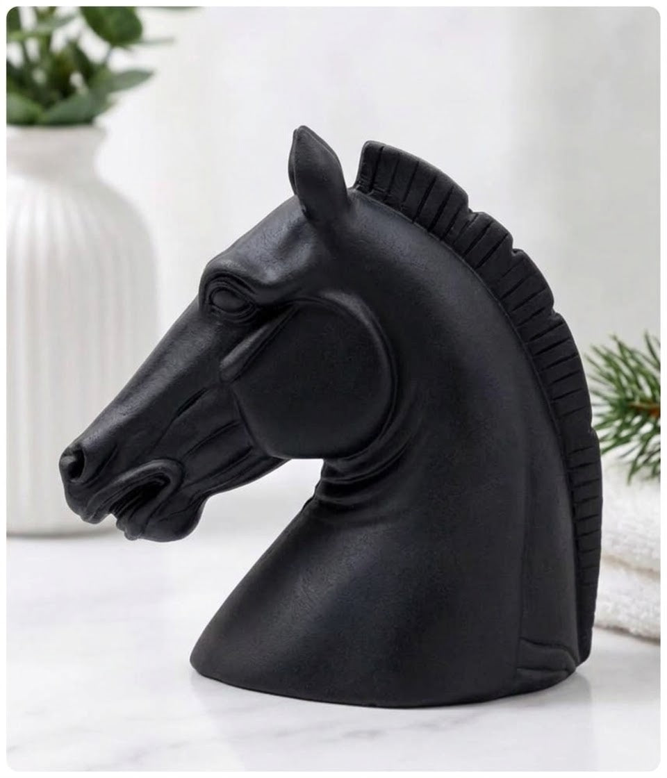 Handmade jet black horse soap sculpture with activated charcoal, crafted in a detailed equestrian bust shape.