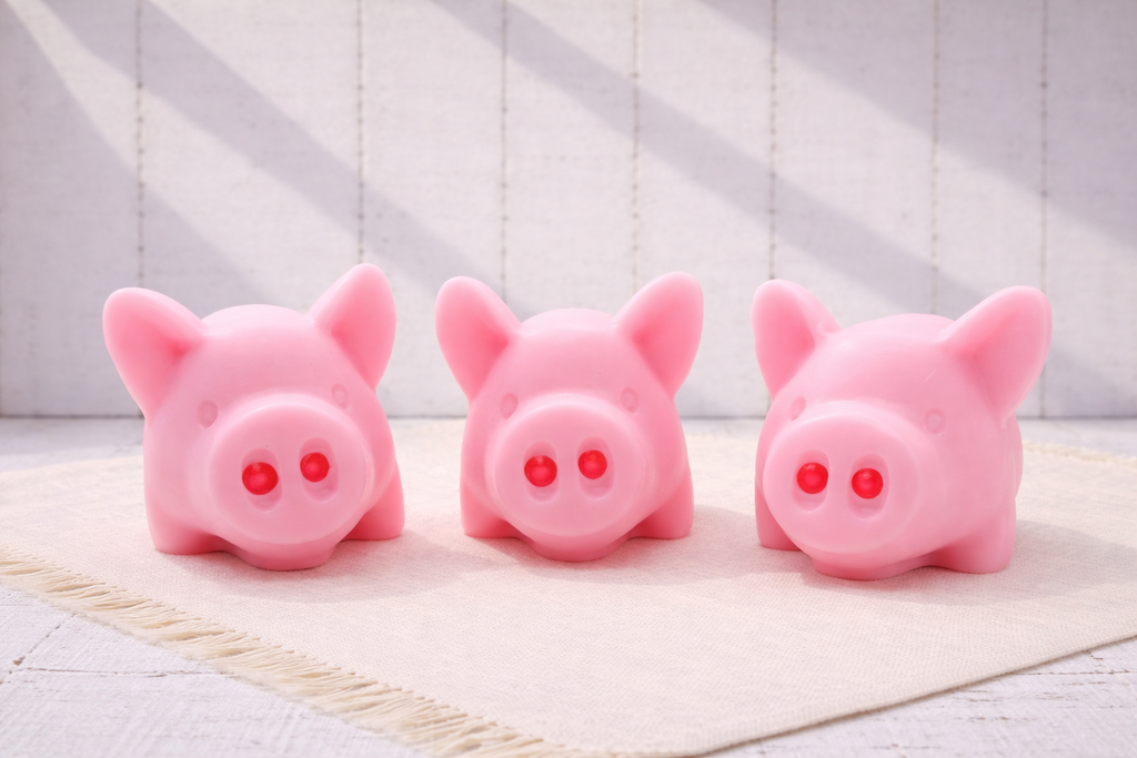 Three handmade pig soaps with detailed snouts and curly tails, Gift Boxed