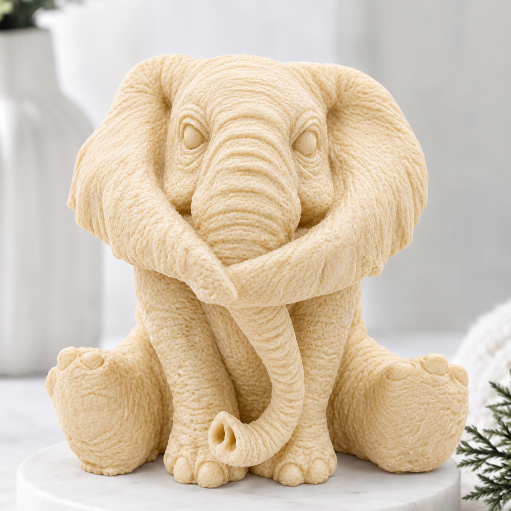 A highly detailed handmade vegan soap gift made with yellow French clay, sculpted in the shape of a sitting elephant with realistic wrinkled skin textures and large ears, displayed on a light wooden surface with white flowers in the background.