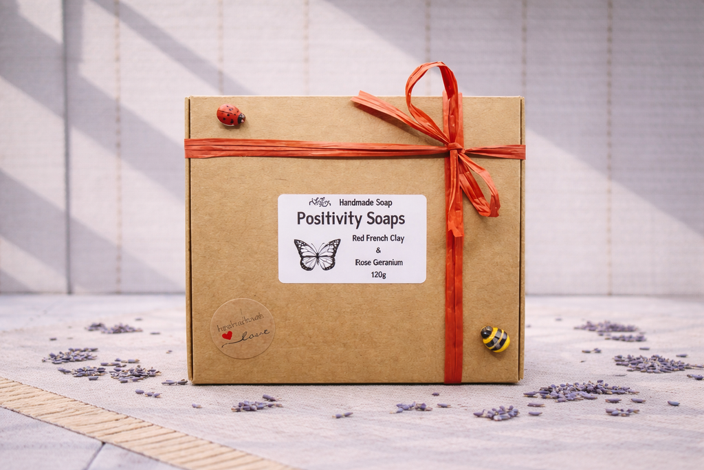 Handmade vegan soaps featuring a set of two positive quote soaps, gift boxed in beautiful eco friendly packaging. embrace your dreams and life’s good wording. 