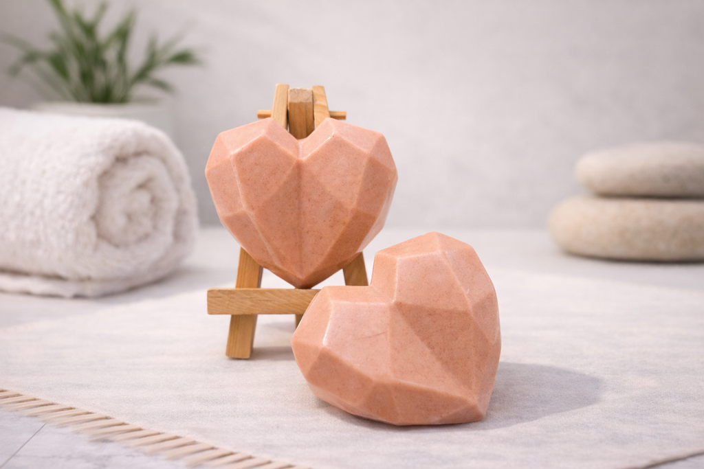 Two geometric heart-shaped soap bars on a stand with a soft background