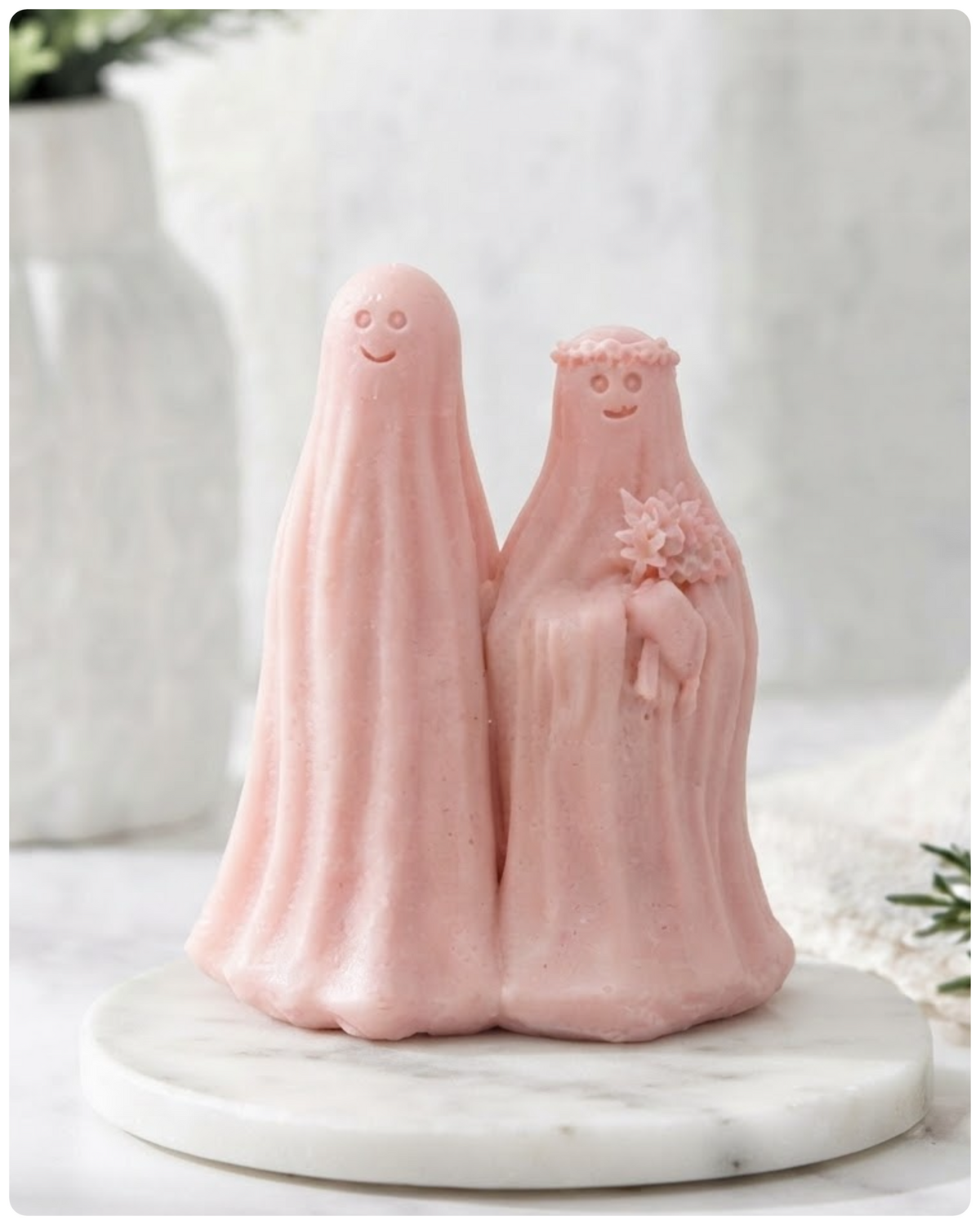 handmade vegan soap in soft pink, featuring a ghostly bride with a bouquet and a groom, a unique farmhouse decor wedding or anniversary gift 