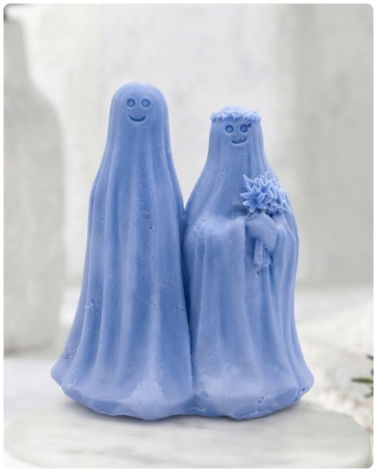 handmade vegan soap in indigo blue colour, featuring a ghostly bride with a bouquet and a groom, a unique farmhouse decor wedding or anniversary gift. 